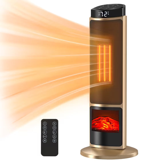 CONCETTA Tower Space Heater with Fireplace Effect – Oscillating Function, Remote Control, 1500W Heating