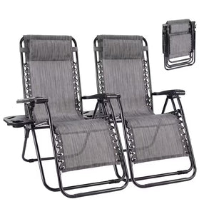CONCETTA 2 Pcs Zero Gravity Patio Recliners, Textilene Folding Lounge Chair with Adjustable Pillow & Cup Tray, Portable Reclining Camping Outdoor Chair