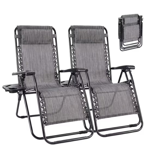 CONCETTA 2 Pcs Zero Gravity Patio Recliners, Textilene Folding Lounge Chair with Adjustable Pillow & Cup Tray, Portable Reclining Camping Outdoor Chair
