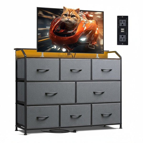 CONCETTA Led Dresser for Bedroom, TV Stand for Bedroom with LED Lights and Power Outlet, 8 Fabric Drawers for Living Room and Entryway