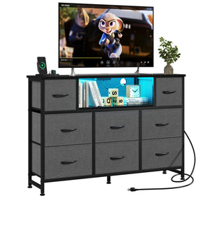 CONCETTA Dresser TV Stand, Entertainment Center with LED Lights & Charging Station, 8 Fabric Drawers for Living Room