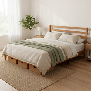 Wood Bed Frame with Headboard, Walnut Finish, Sturdy Slat Support, Ideal for Bedroom and Guest Room