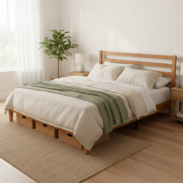 Wood Bed Frame with Headboard, Walnut Finish, Sturdy Slat Support, Ideal for Bedroom and Guest Room