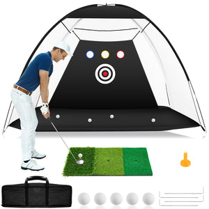 10x7 Ft Golf Practice Hitting Net with Tri-Turf Mat for Indoor Outdoor Use - Real Feel Golf Mats & Portable Golf Net for Garage, Backyard, Driving, and More