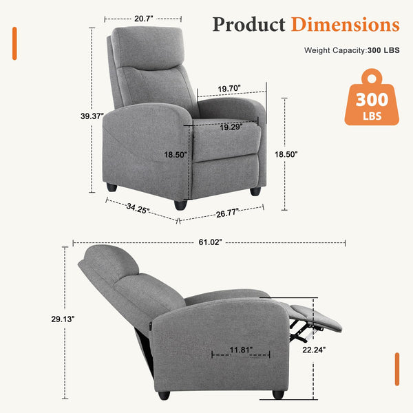 CONCETTA Recliner Chair for Living Room, Comfortable Fabric Home Theater Seat with Lumbar Support, Push Back Design, Overstuffed Cushion, No Massage