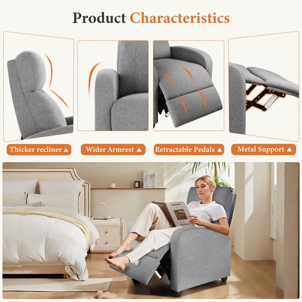 CONCETTA Recliner Chair for Living Room, Comfortable Fabric Home Theater Seat with Lumbar Support, Push Back Design, Overstuffed Cushion, No Massage