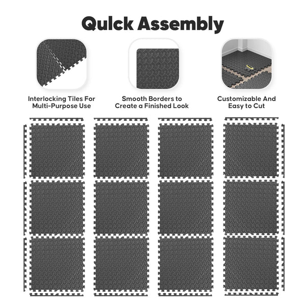CONCETTA-24 Inch EVA Foam Tiles, 12P Puzzle Exercise Mat for Home Gym, Thick Interlocking Floor Mats, Ideal for Basement Rubber Protection and Outdoor Foam Mat Use