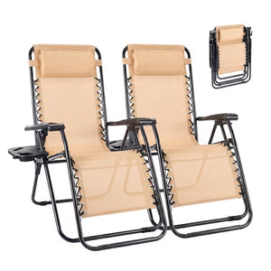 CONCETTA 2 Pcs Zero Gravity Patio Recliners, Textilene Folding Lounge Chair with Adjustable Pillow & Cup Tray, Portable Reclining Camping Outdoor Chair