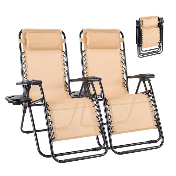 CONCETTA 2 Pcs Zero Gravity Patio Recliners, Textilene Folding Lounge Chair with Adjustable Pillow & Cup Tray, Portable Reclining Camping Outdoor Chair