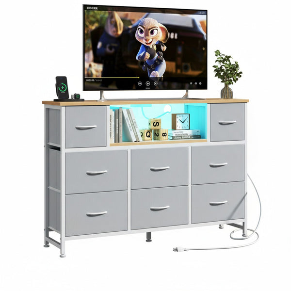CONCETTA Dresser TV Stand, Entertainment Center with LED Lights & Charging Station, 8 Fabric Drawers for Living Room