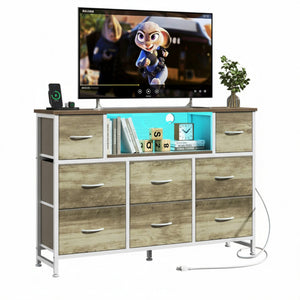 CONCETTA Dresser TV Stand, Entertainment Center with LED Lights & Charging Station, 8 Fabric Drawers for Living Room