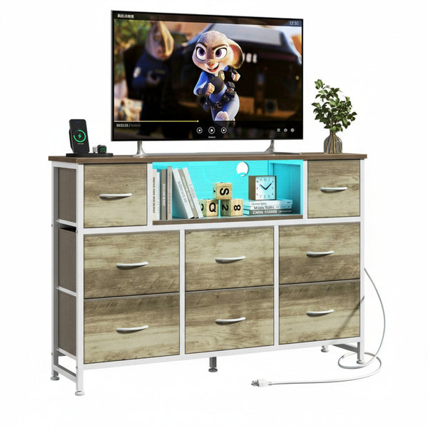 CONCETTA Dresser TV Stand, Entertainment Center with LED Lights & Charging Station, 8 Fabric Drawers for Living Room