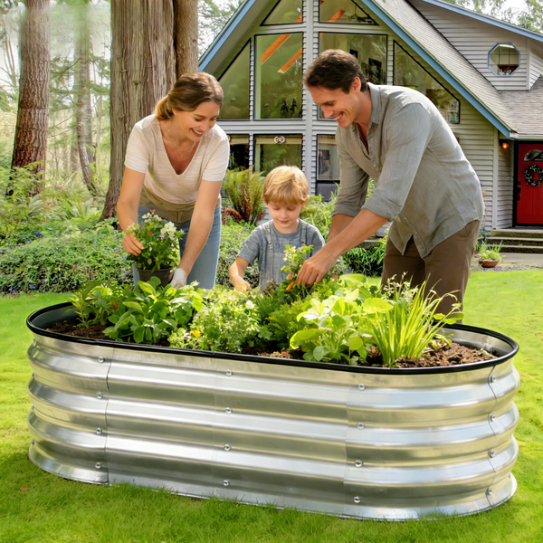 CONCETTA Galvanized Raised Garden Bed Kit with Safe Rubber Edging, Oval Metal Planter Box for Vegetables, Flowers, Herbs for Outdoor Gardening