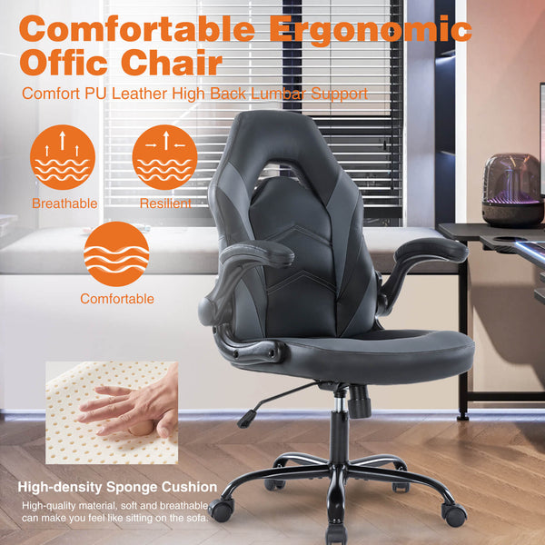 CONCETTA PU Leather Ergonomic Gaming Chair with Flip-up Armrests and Lumbar Support