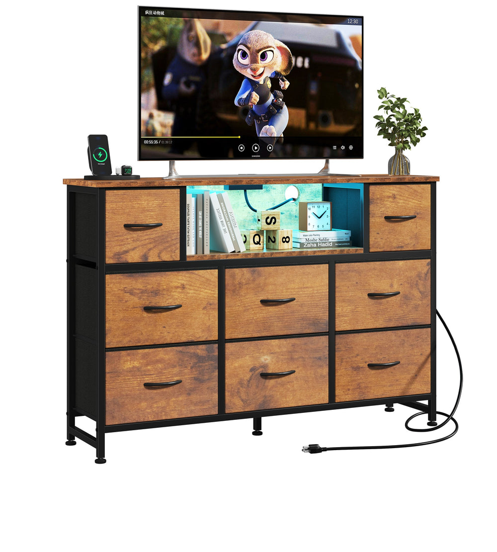 CONCETTA Dresser TV Stand, Entertainment Center with LED Lights & Charging Station, 8 Fabric Drawers for Living Room