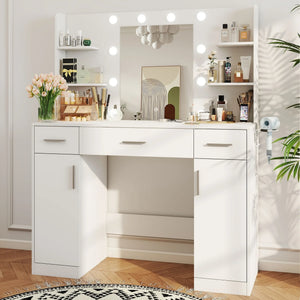 CONCETTA Modern Adult Vanity Desk 1 Piece with Mirror, Power Outlet and Lights, White Table Set