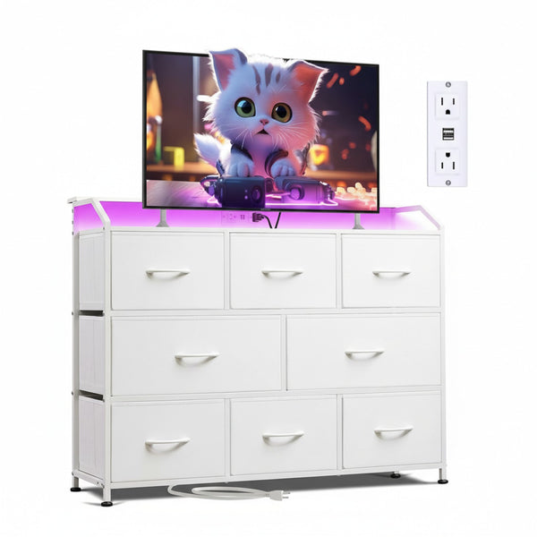 CONCETTA Led Dresser for Bedroom, TV Stand for Bedroom with LED Lights and Power Outlet, 8 Fabric Drawers for Living Room and Entryway